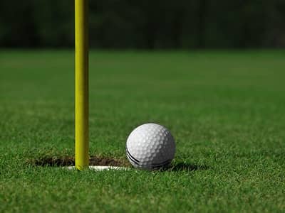 Golf ball on grass near hole